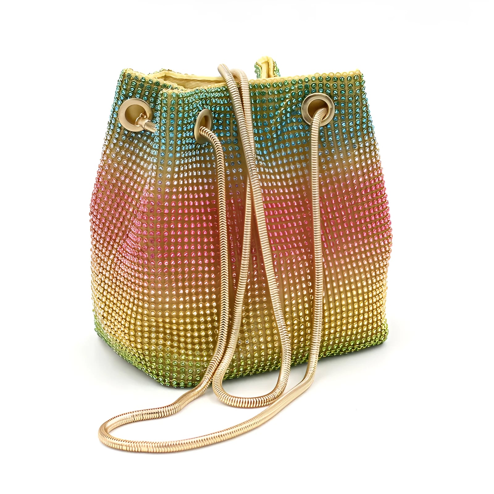 Rainbow glitter rhinestone soft bucket bag for evening parties and weddings.