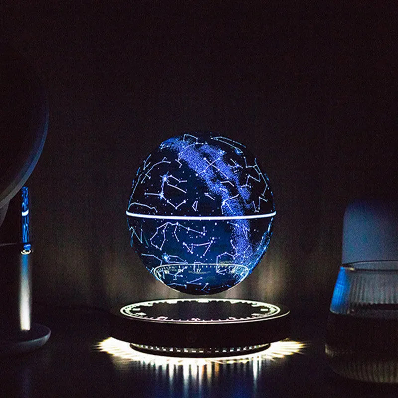 Maglev moon lamp in black, star ball shape on a bedside table with USB power