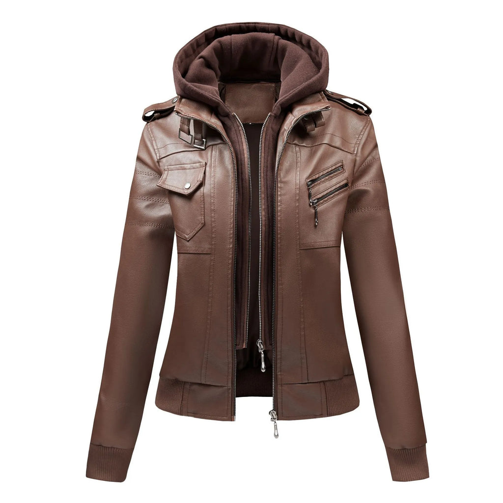 Women's black faux leather loose fit motorcycle jacket with pockets, street hipster style