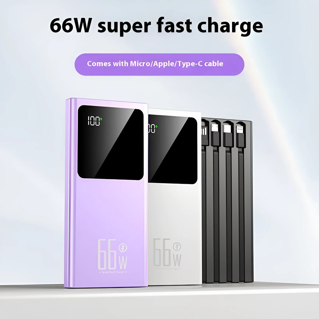Ultra-thin portable power bank in plastic shell with fast charging, available in black, white, purple, blue, 10000-50000mAh