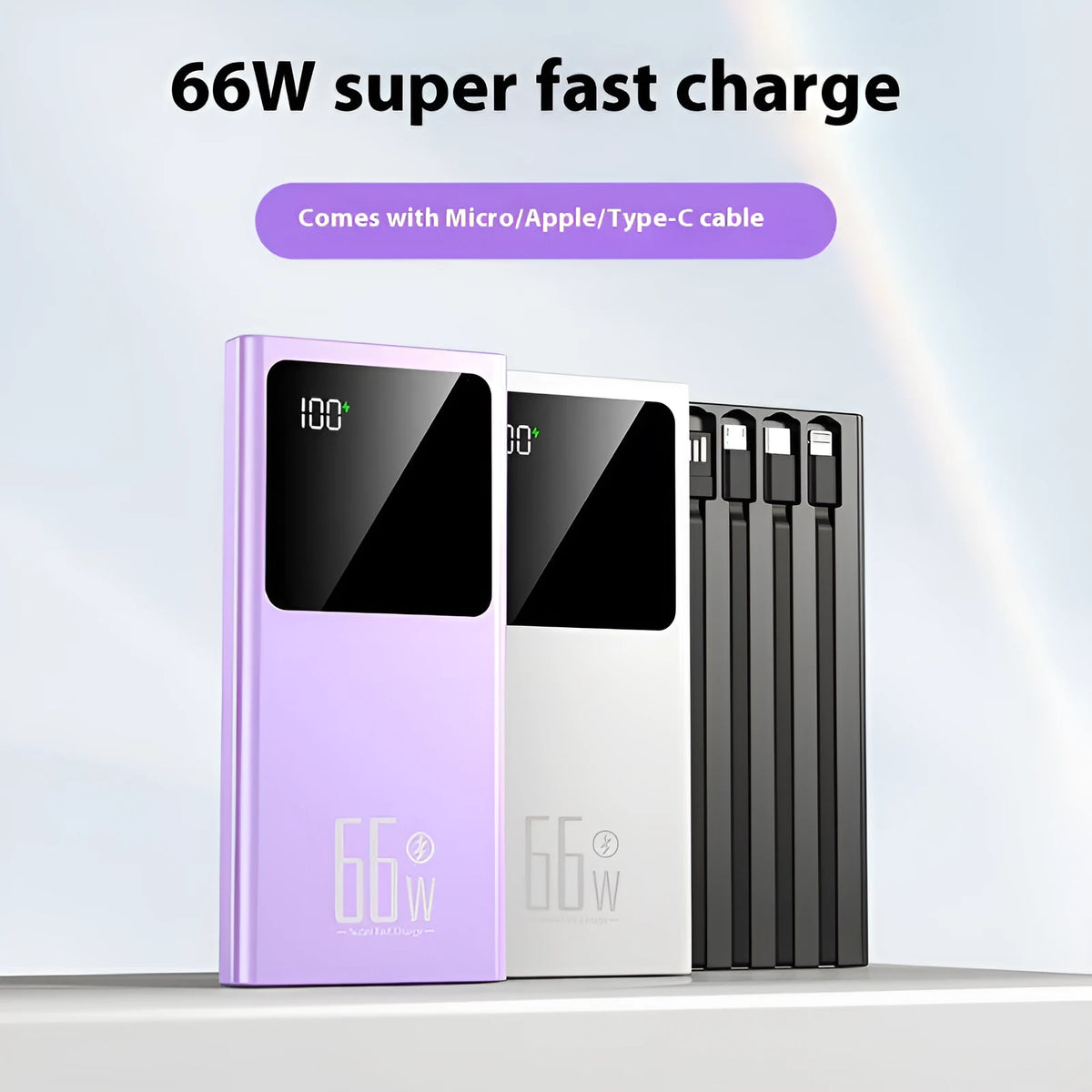Ultra-thin portable power bank in plastic shell with fast charging, available in black, white, purple, blue, 10000-50000mAh