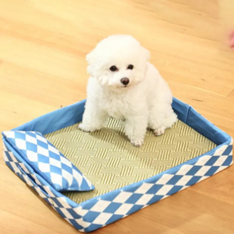 Blue rattan cat bed with removable cushion showing size options from small to extra large