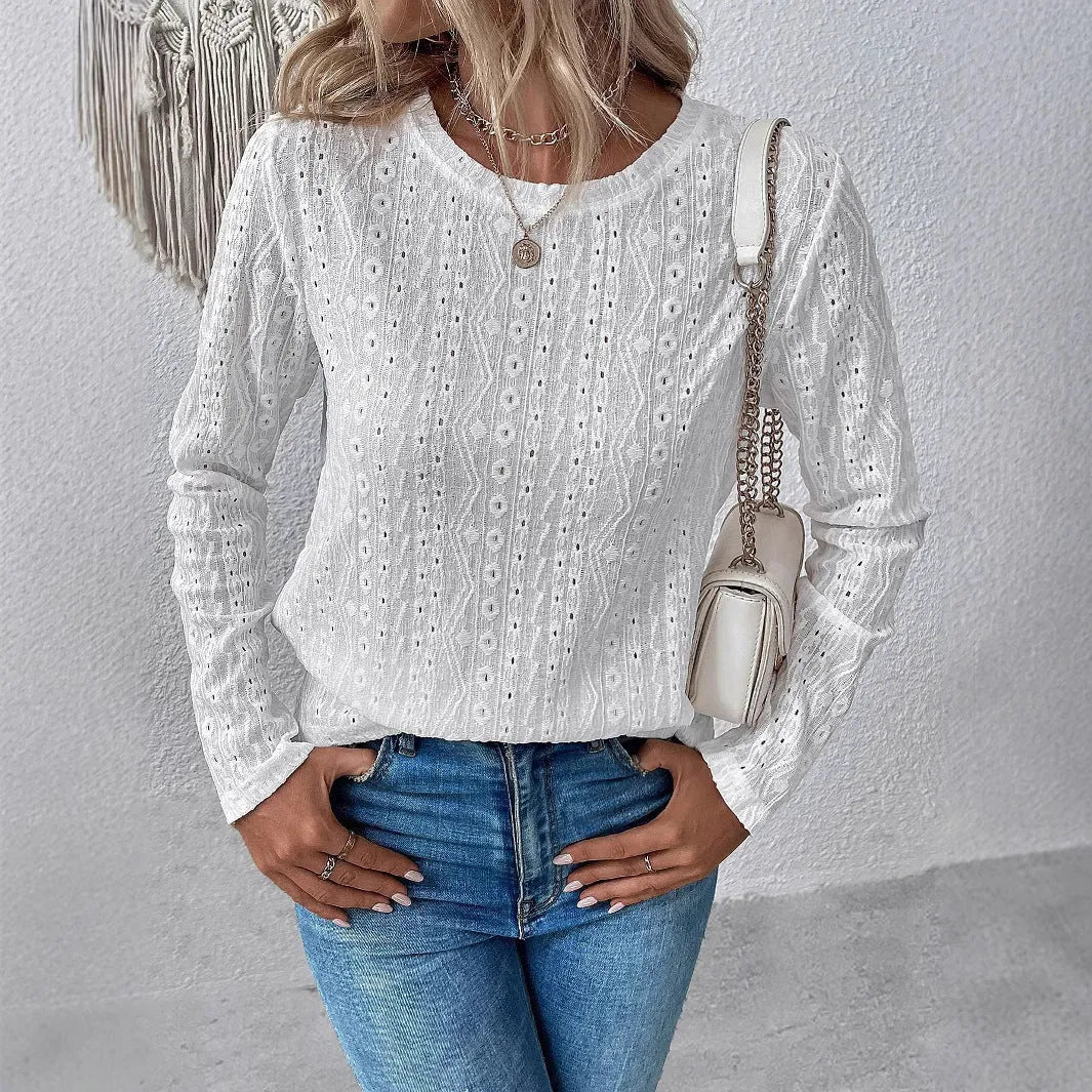 White loose fit hollow t-shirt top with long sleeves and round neck design for women