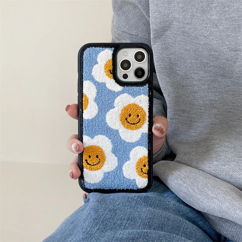 Blue towel embroidered sunflower smiley plush phone case for Apple iPhone with hard shell back cover