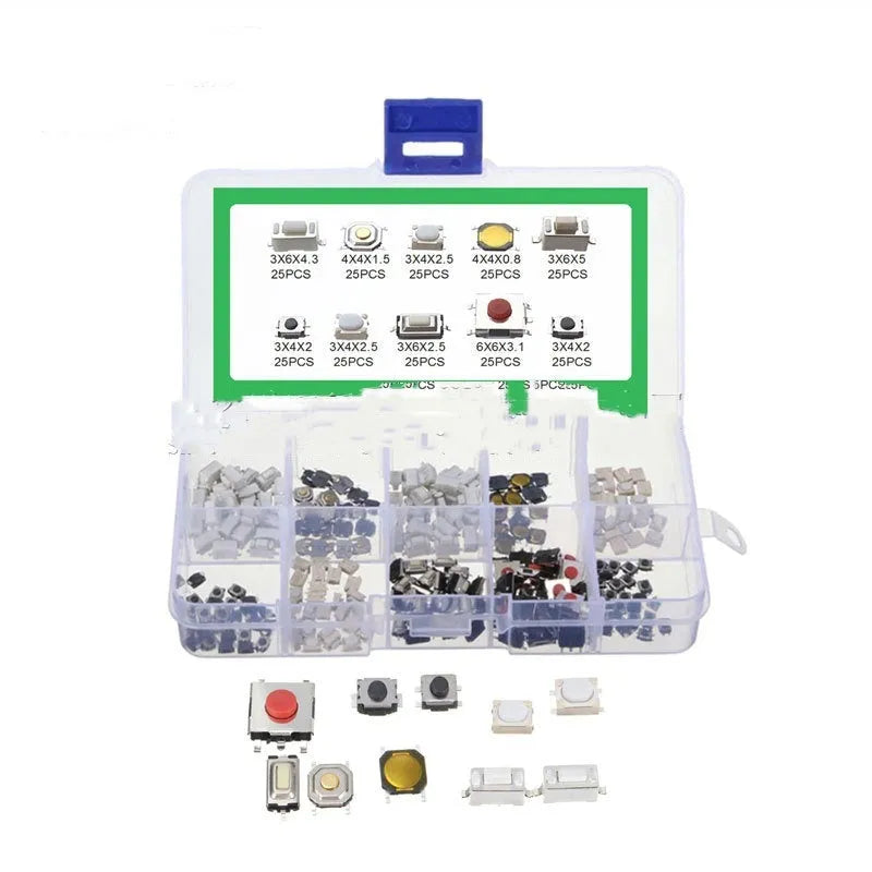 250 SMT touch switch buttons in organised box for industrial electronics assembly