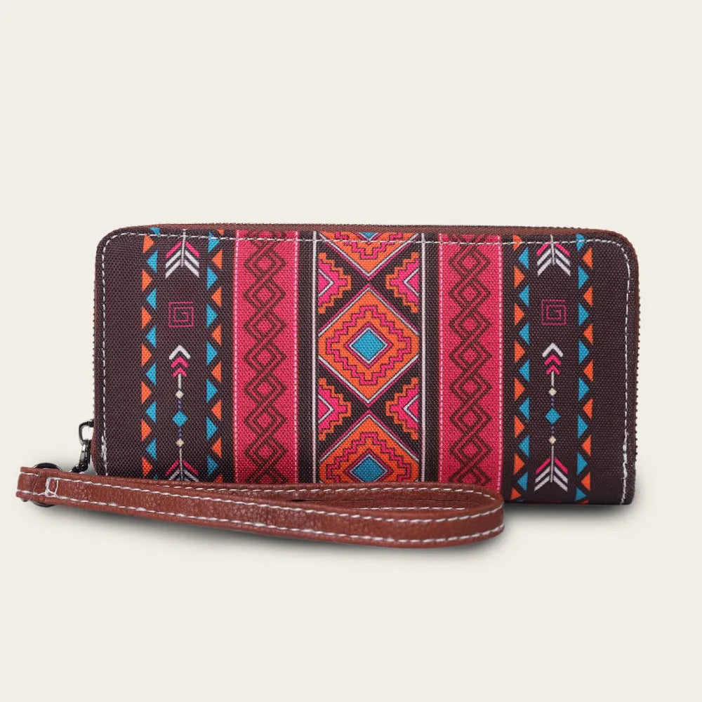 Bohemian striped canvas RFID wallet showing anti-theft card protection features
