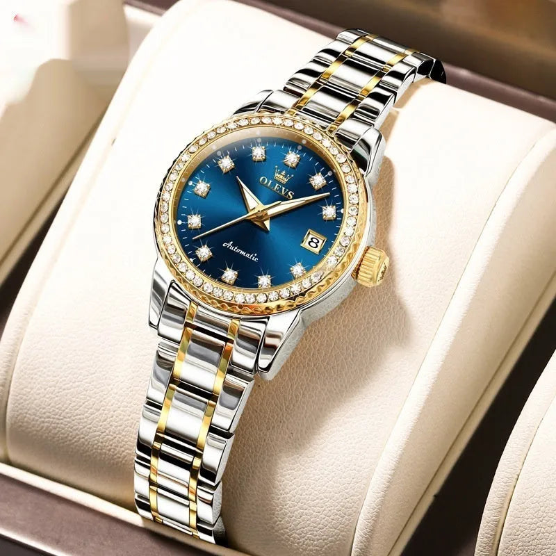 Women's waterproof mechanical watch with alloy case 12mm thickness full gold colour