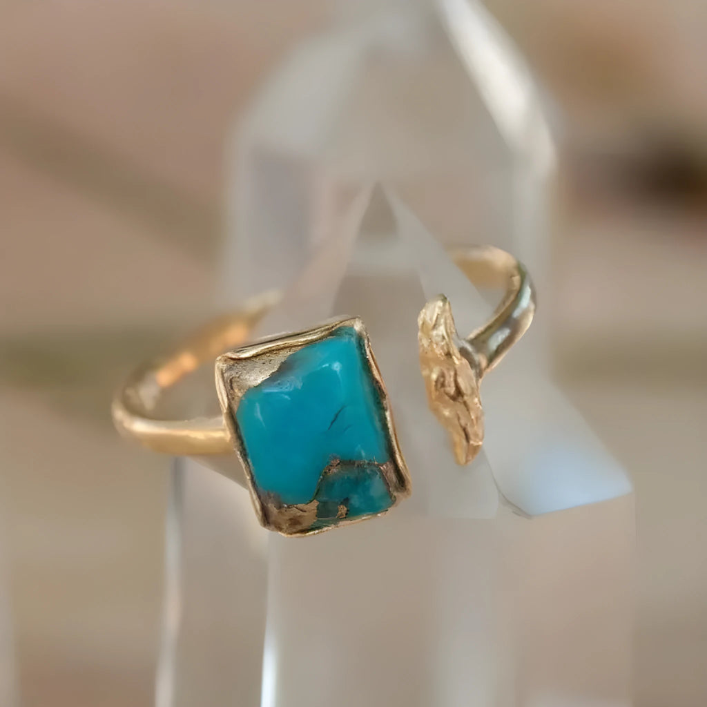 Silver-tone alloy open ring with turquoise inlay and geometric shape, adjustable band for women.