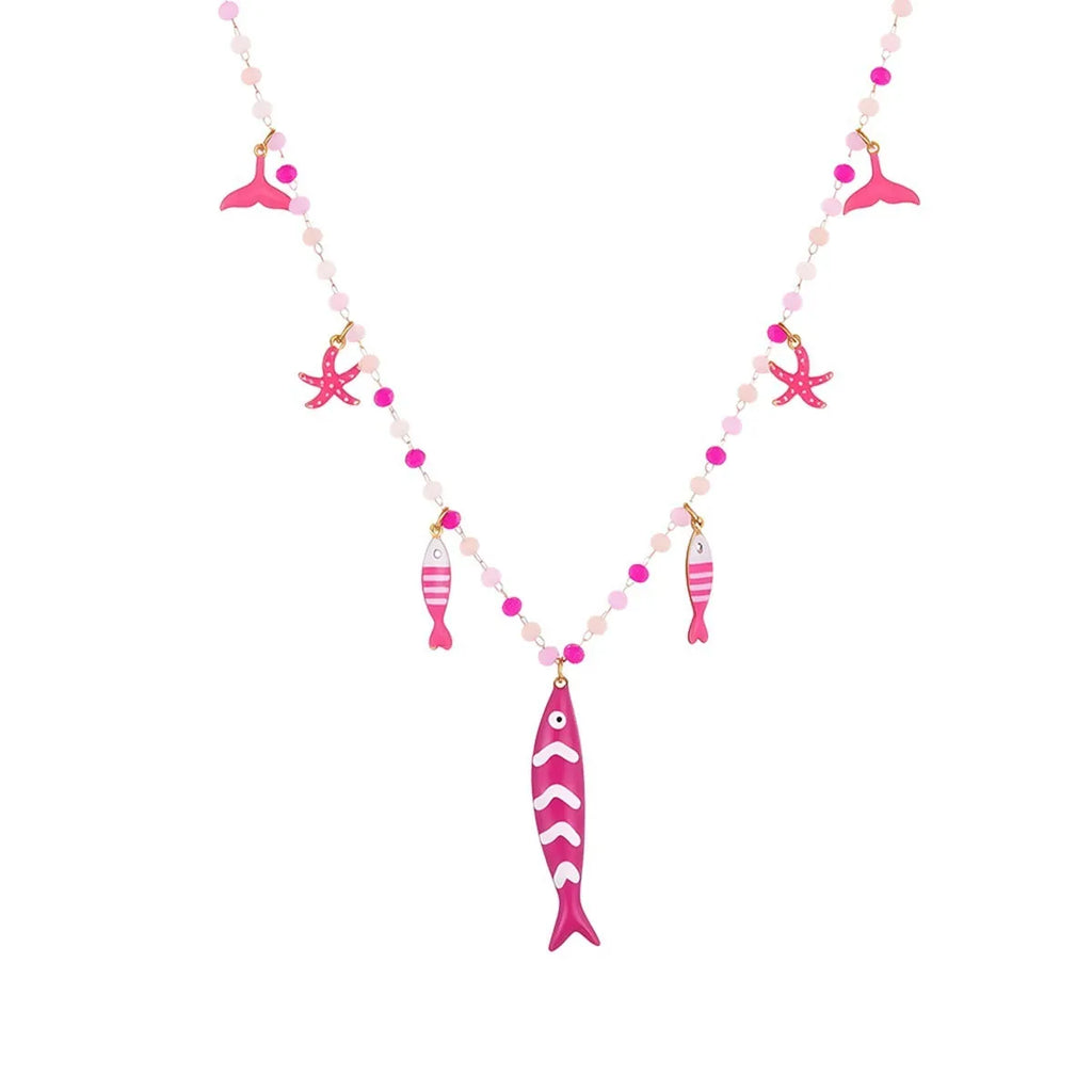 Women's stainless steel coloured beaded necklace with fish pendant in pink, 18K electroplated, adjustable 41-50cm