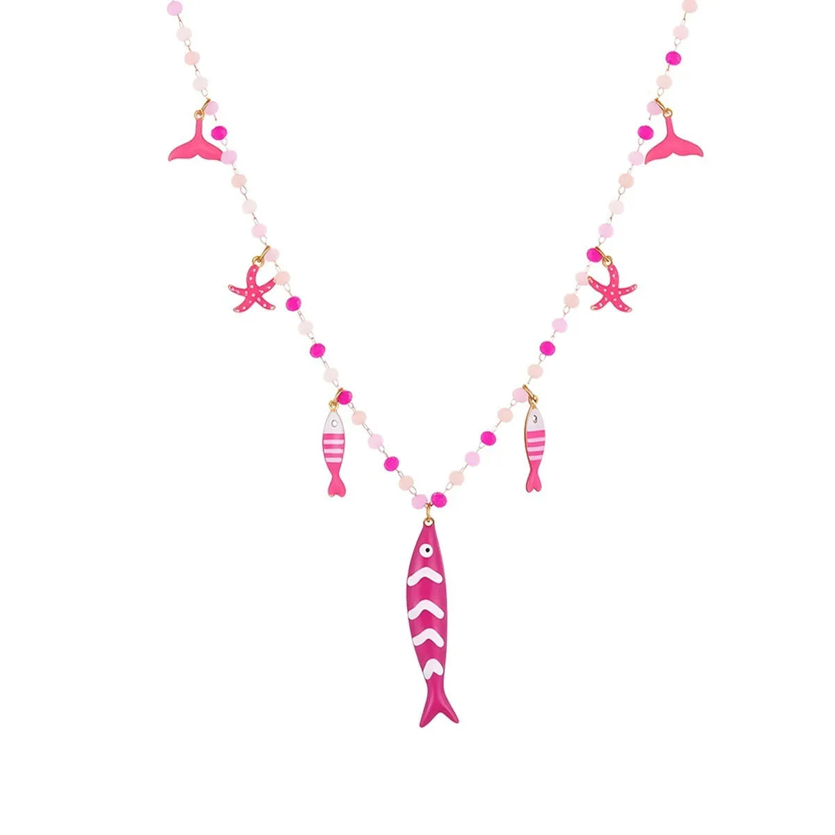 Women's stainless steel coloured beaded necklace with fish pendant in pink, 18K electroplated, adjustable 41-50cm