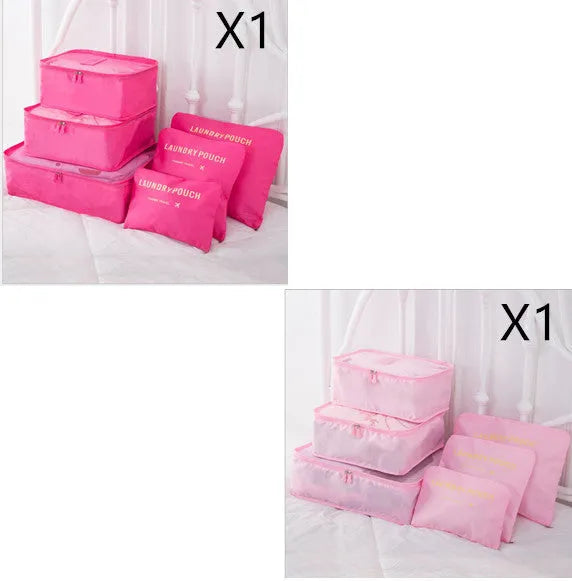 6 PCS travel storage bag set in polyester with handbag shape, multiple colour options for clothes and cosmetic organisation