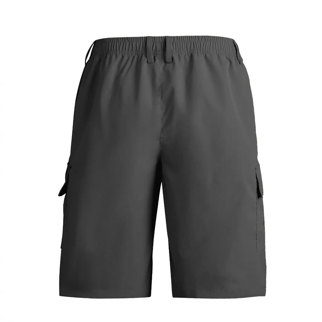 Loose straight casual sports shorts in polyester with micro elasticity, available in black, blue, green, and khaki colours