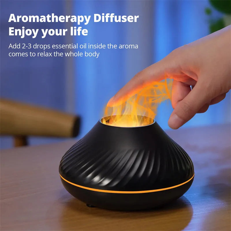 Volcanic flame aroma diffuser with LED lights and water mist emission