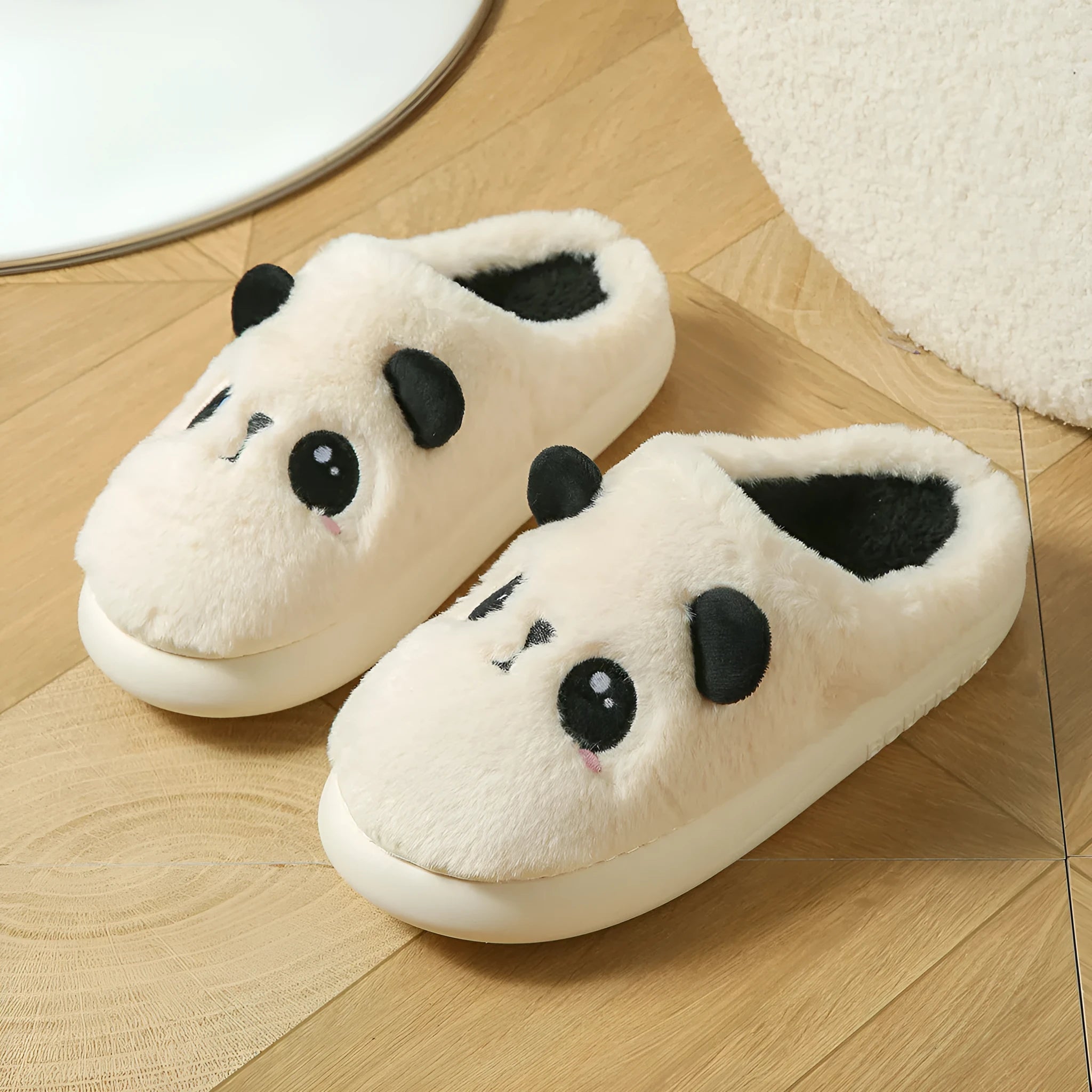 Panda-themed cotton and linen toe ring slippers with PVC sole on size chart