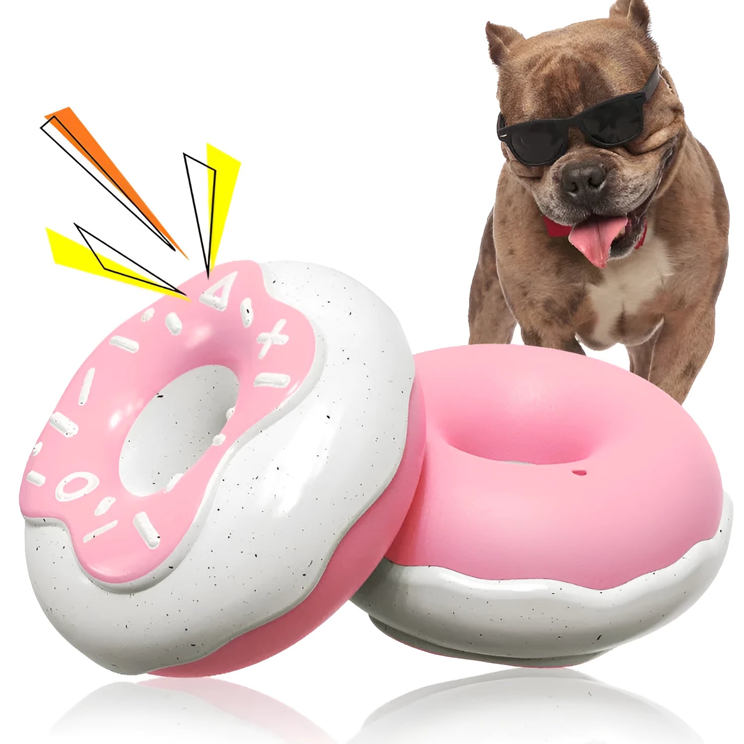 TPR rubber donut-shaped dog toy with textured cleaning surfaces in pink, chocolate brown or yellow colours