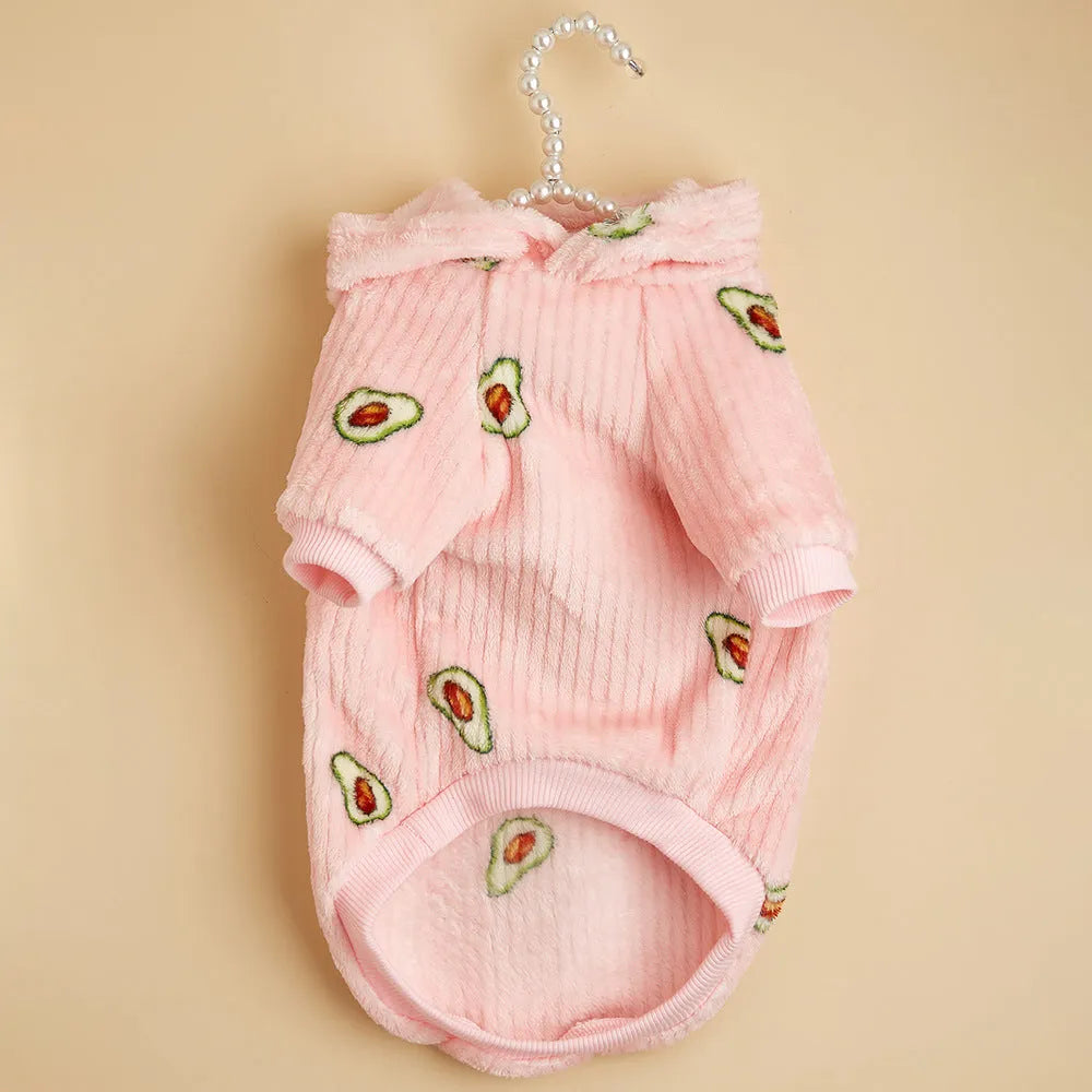 Pink polyester pet hoodie with avocado print for cats and dogs, sizes XS to XL