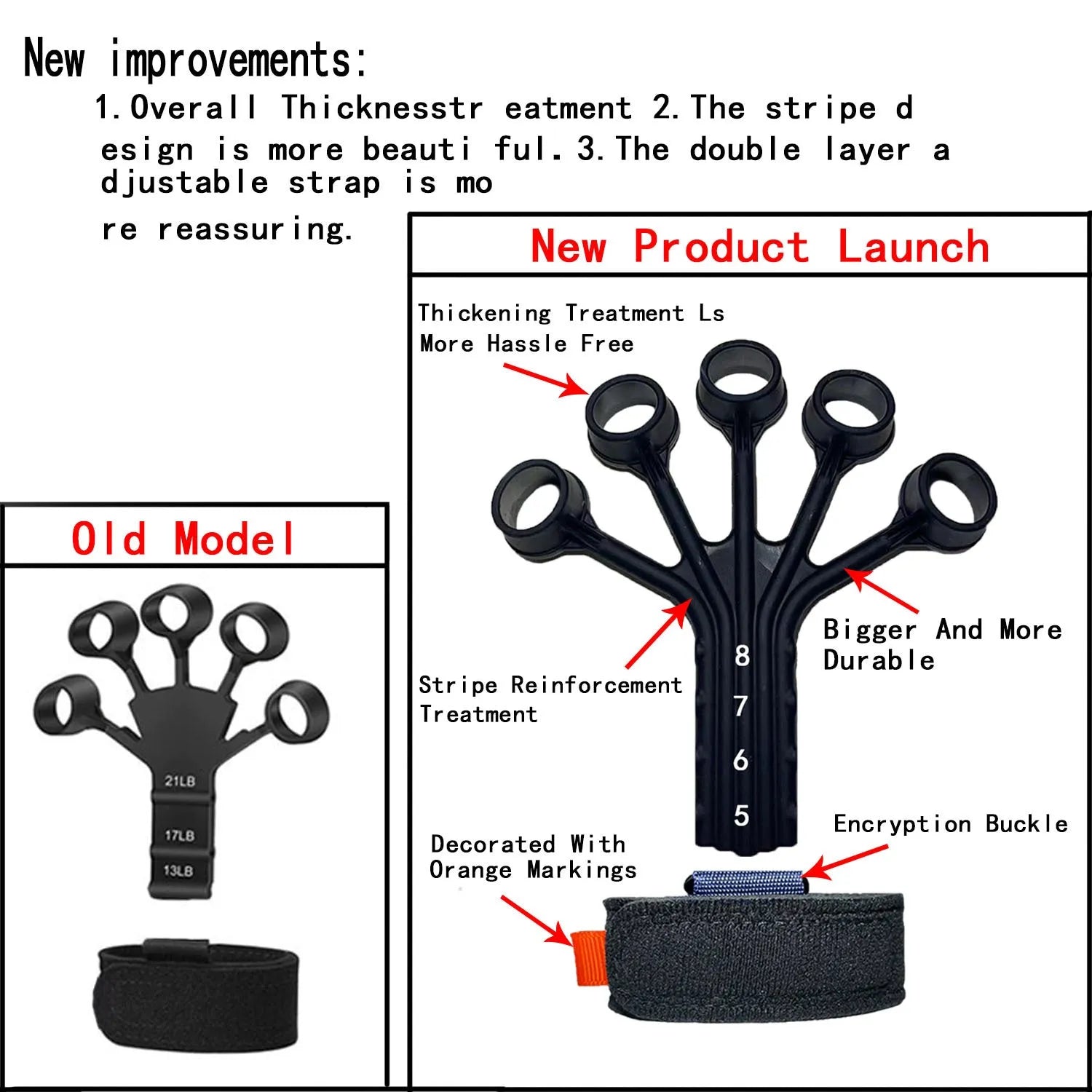 Black and grey silicone finger flexion extension trainer with adjustable elastic belts laid flat.