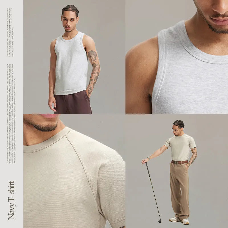 Slim fit leisure T-shirt collection showing vest and short sleeve options in beige, gray and black colours