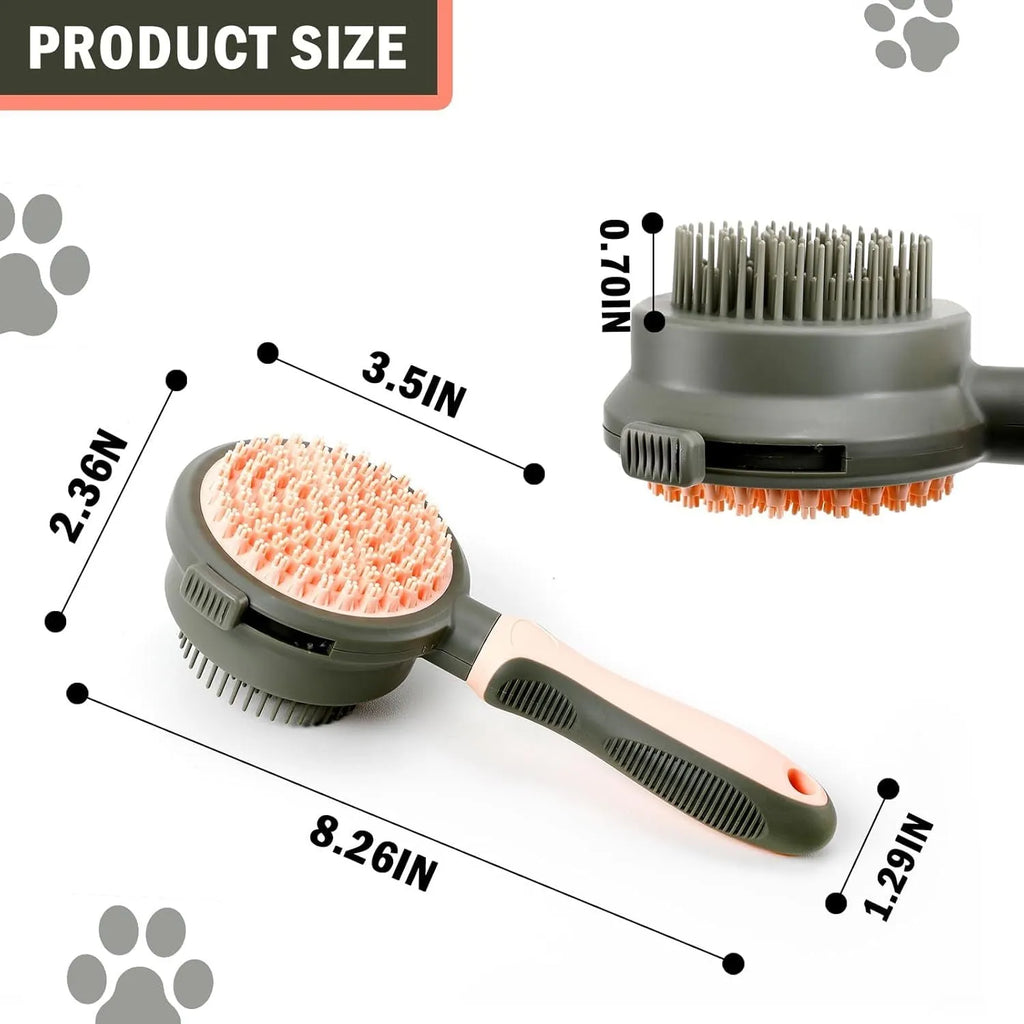 Pink double-sided cat grooming brush with release button and separate flea comb on white background