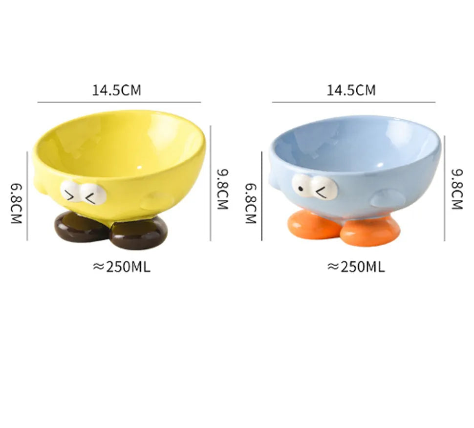 Ceramic slanted pet bowl in blue colour showing oblique design for neck support during feeding
