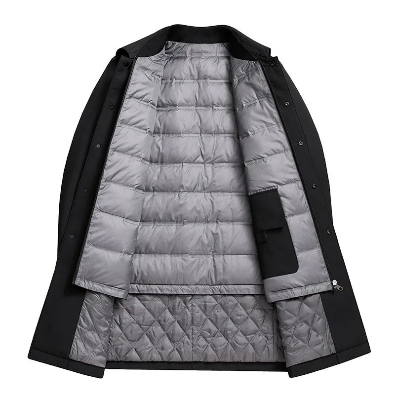Men's mid-length white duck down business casual jacket in black, gray, and navy blue, 65cm length