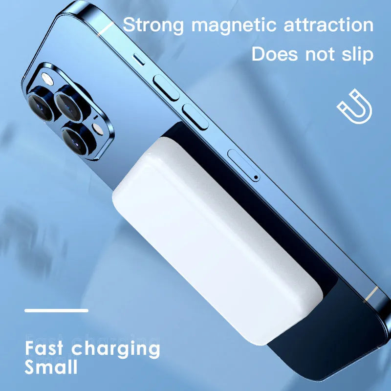 Pink plastic magnetic wireless power bank showing dimensions and 20000mAh capacity label.
