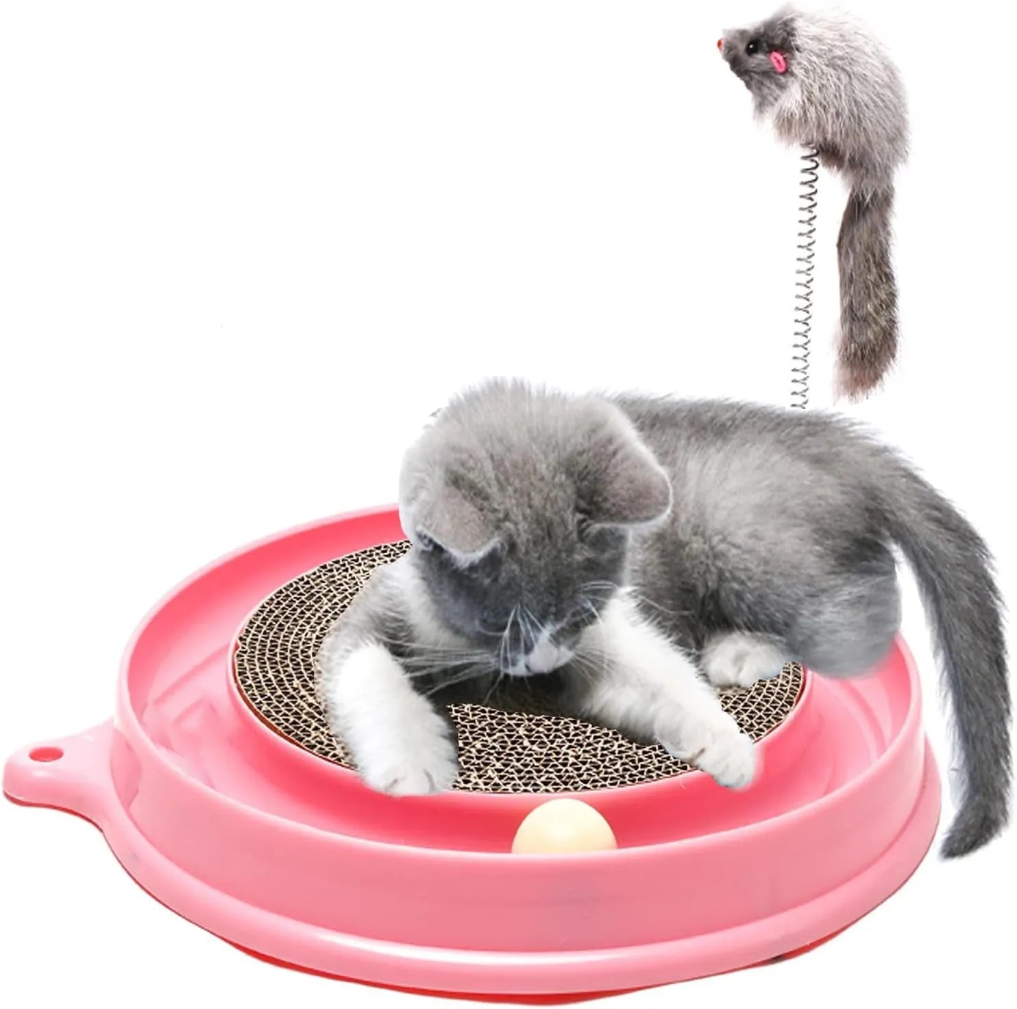Blue interactive cat scratcher toy with ball track and replaceable corrugated cardboard scratching pad