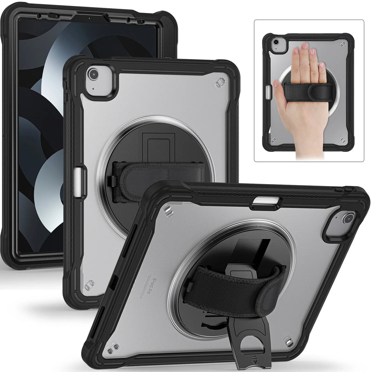 iPad Mini 6 tablet case with rotating bracket, lanyard, and bracelet in black colour
