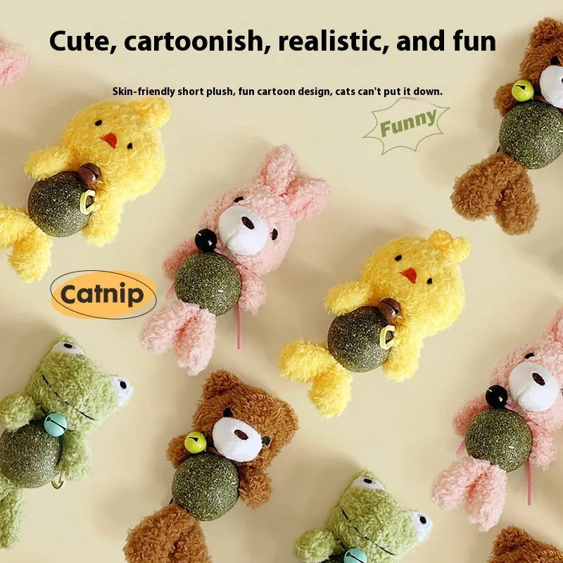 Plush catnip ball toy in brown bear design with a small bell, measuring 15cm tall.