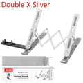 Aluminum alloy three-fork laptop stand in silver with adjustable lifting mechanism on desk