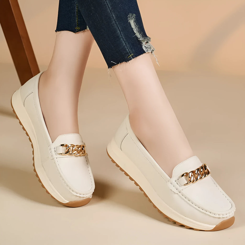 Women's casual round toe solid colour PU leather loafer in beige, black, cameo brown, and sapphire blue