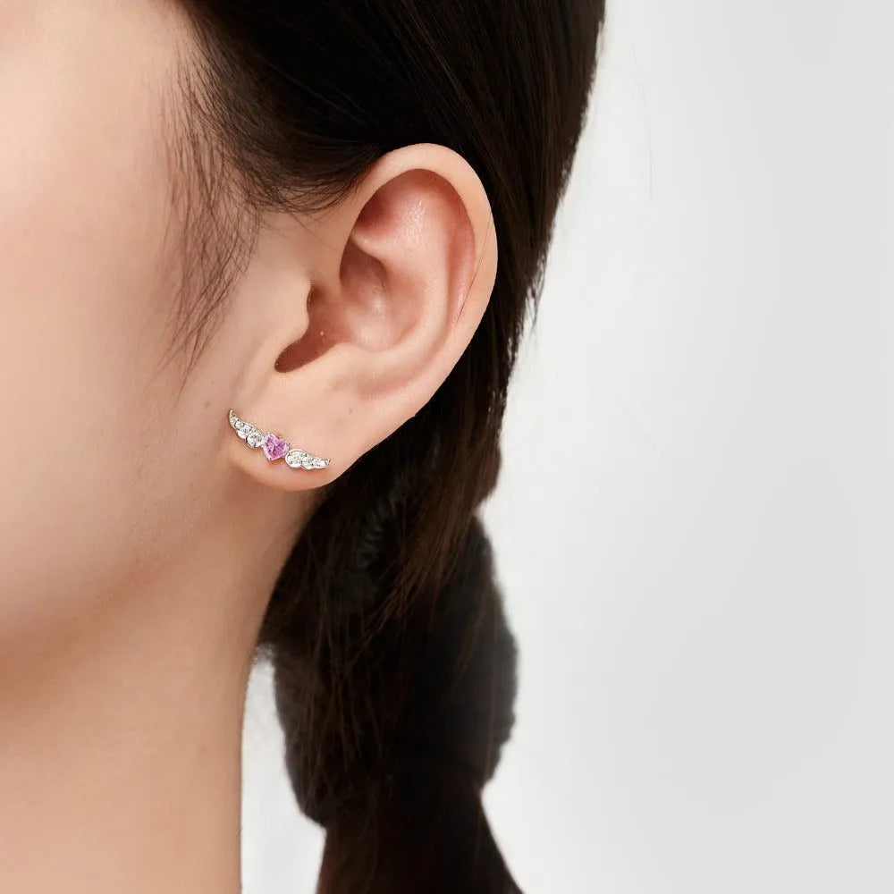 925 silver heart-shaped zircon earrings with wings motif, Japanese Korean light luxury style, O-chain stud design for women