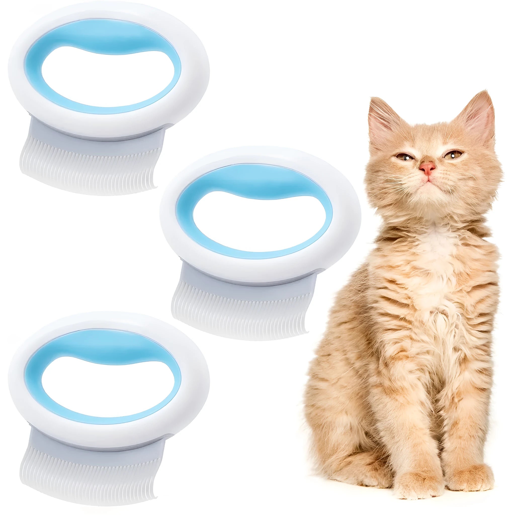 Blue plastic pet grooming comb for deshedding cats and dogs on a white background.