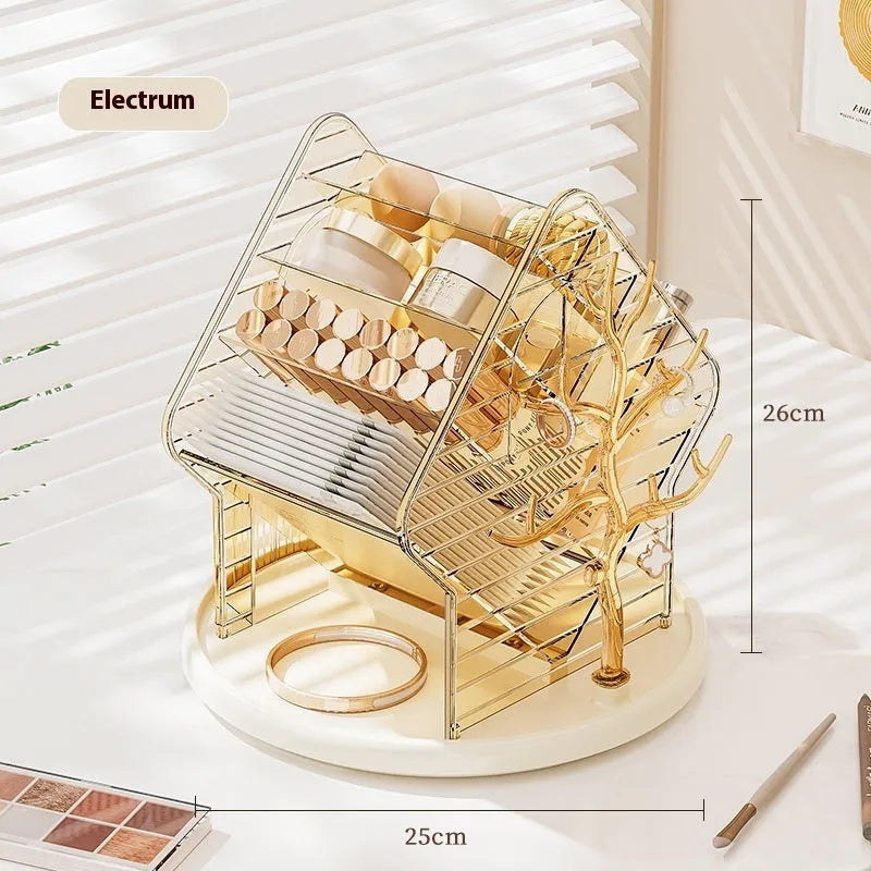 Clear and amber gold rotating cosmetics storage box on a surface