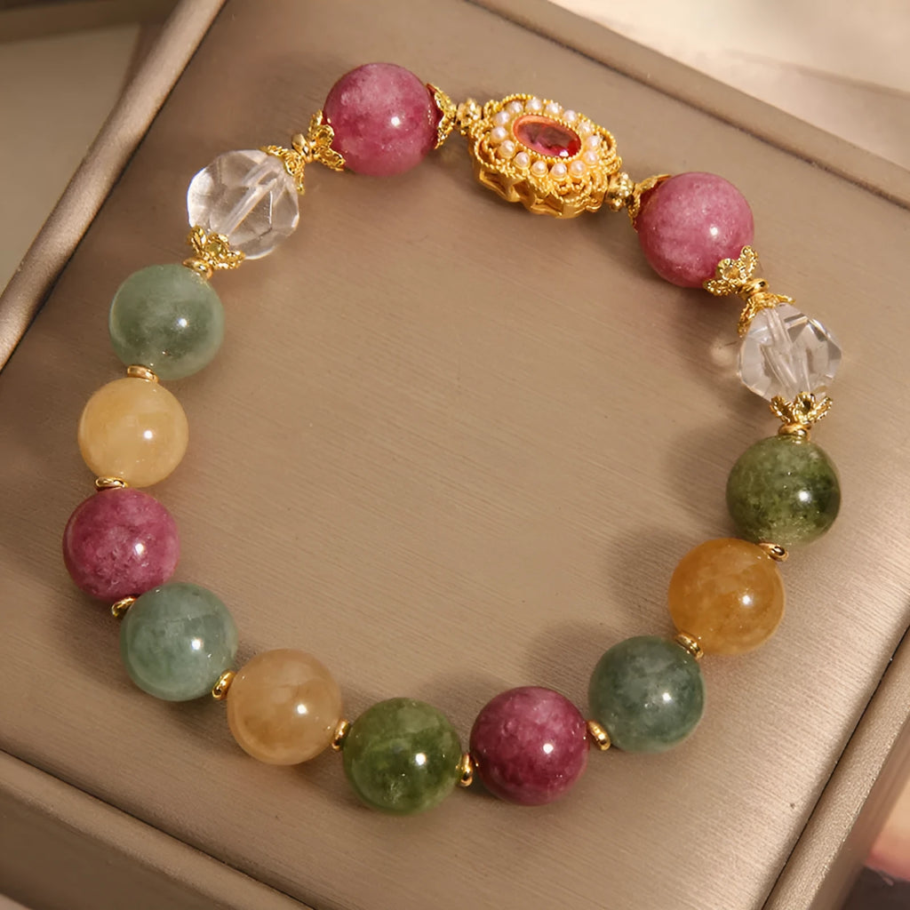 Women's jade colour tourmaline bracelet with round beads, alloy inlay, and rhinestone accents