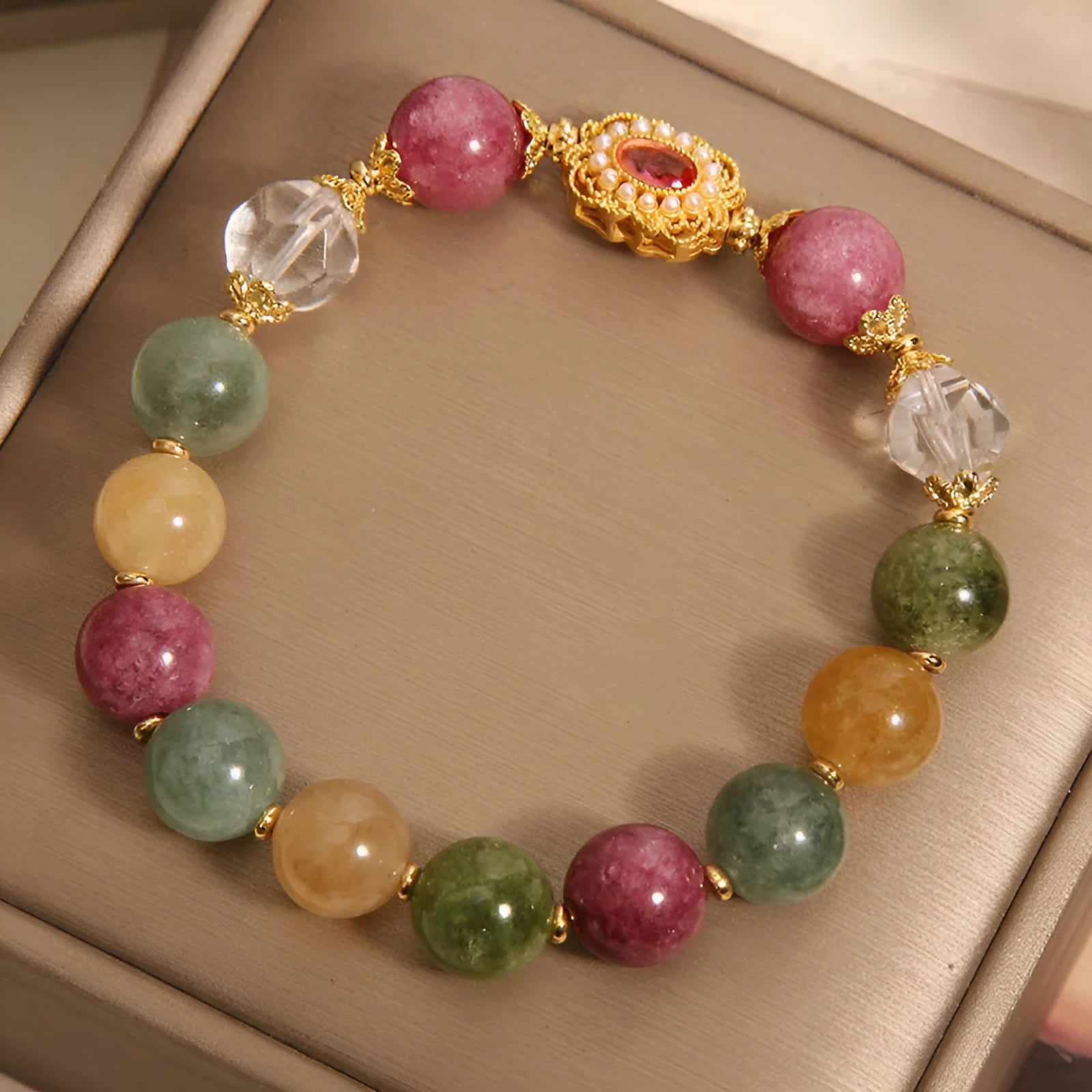 Women's jade colour tourmaline bracelet with round beads, alloy inlay, and rhinestone accents