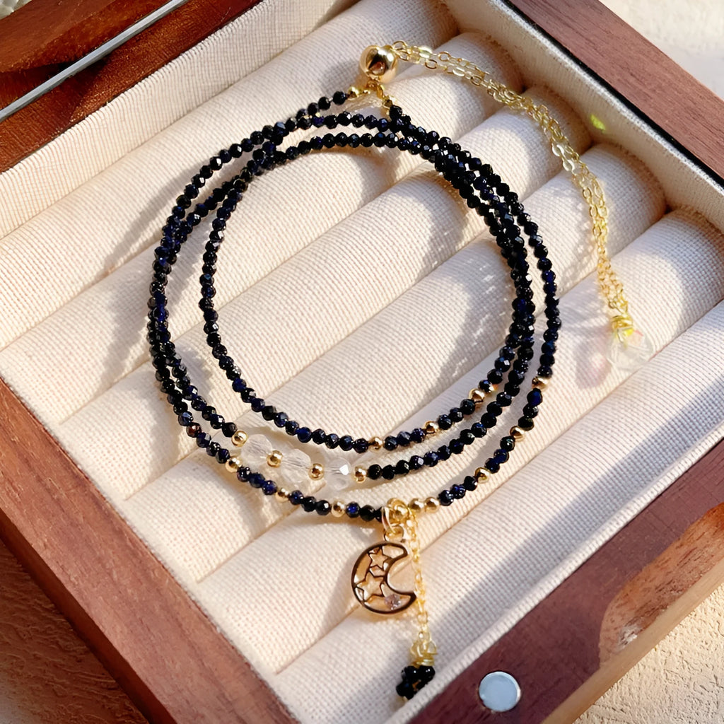 Women's multi-layer bracelet with blue gold sand stone cut three-ring design on wrist