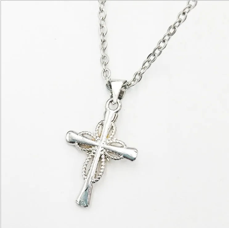 Silver octagonal star cross alloy pendant, 22x15mm, with 42+5cm ring chain for women and girls.