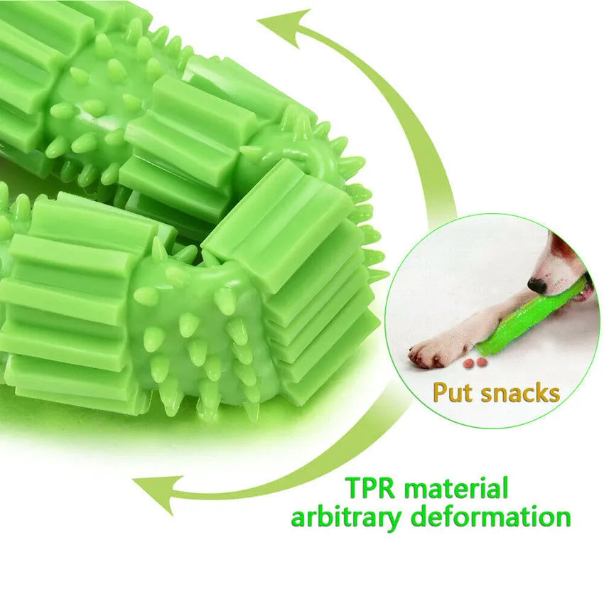 Green and orange durable rubber dog chew toy with treat hole and squeaker for aggressive chewers