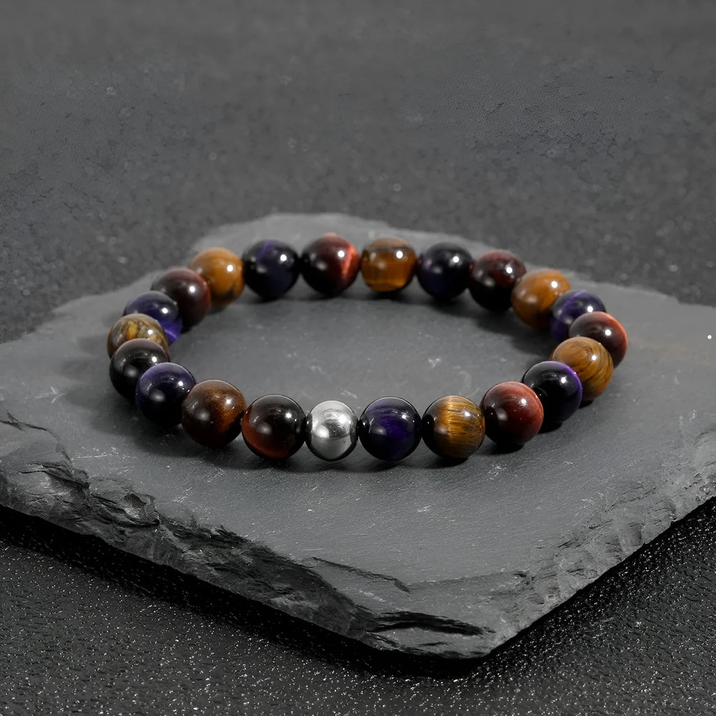 Handmade geometric tiger-eye stone bracelet with elastic cord in yellow, purple, and red colour options