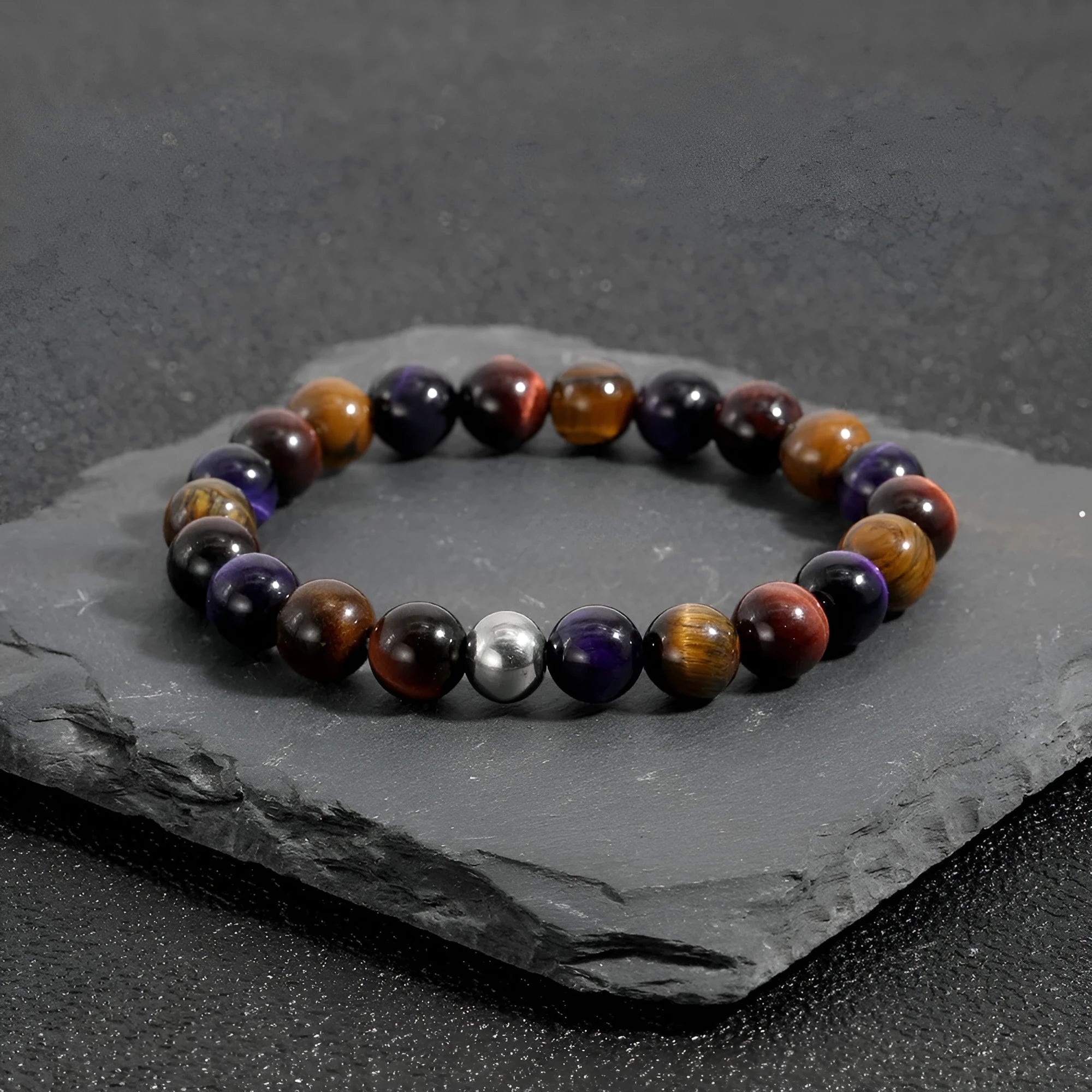 Handmade geometric tiger-eye stone bracelet with elastic cord in yellow, purple, and red colour options