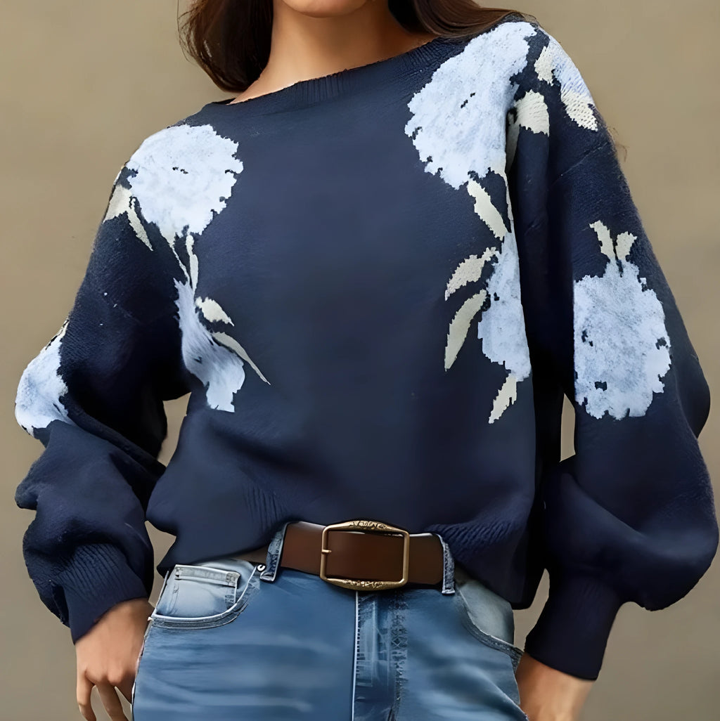 Women's sapphire blue off-neck pullover with floral jacquard pattern and loose casual fit