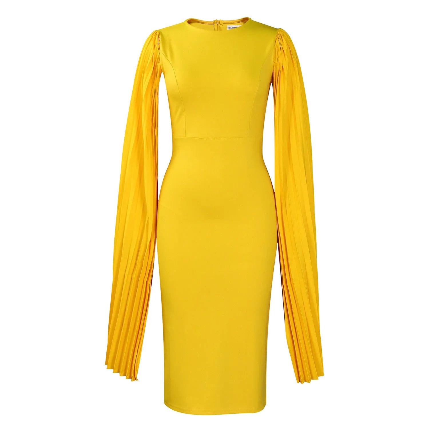 A yellow high-waisted long sleeve evening gown with a round neck and pleated skirt, laid flat.