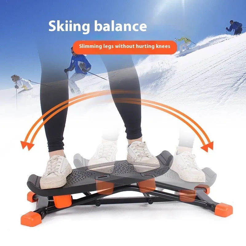 Black mini fitness skiing machine folded to 77x32x17cm with elastic hand straps