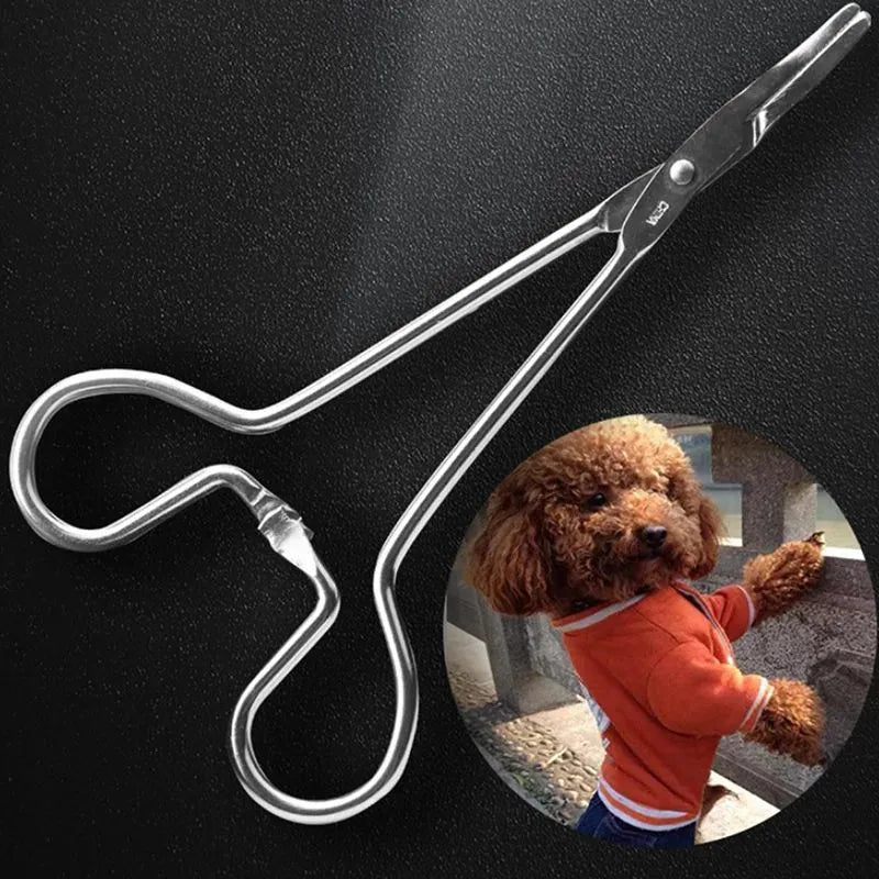 Silver stainless steel pet grooming tweezers with curved tip for ear cleaning and hair removal