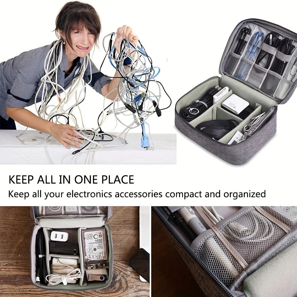 Black electronics organizer travel cable bag with removable dividers, mesh pockets, and a top handle