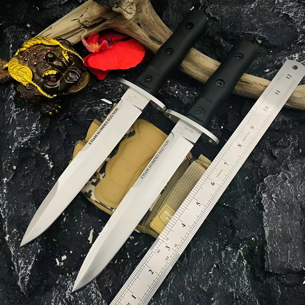 Small straight knife with D2 steel blade, 32 cm full length, for outdoor camping and meat cutting