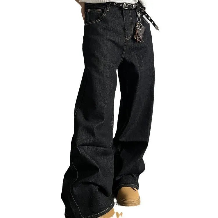Black retro wide-leg straight jeans for men and women on a hanger.