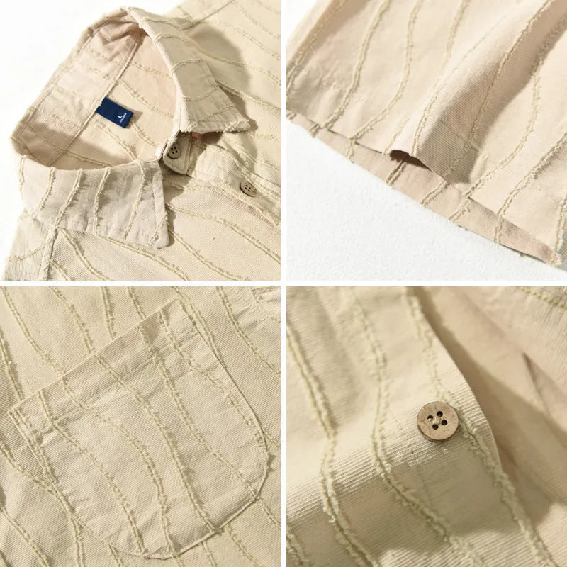 Men's pure cotton casual shirt in apricot colour with short sleeves and a loose fit.