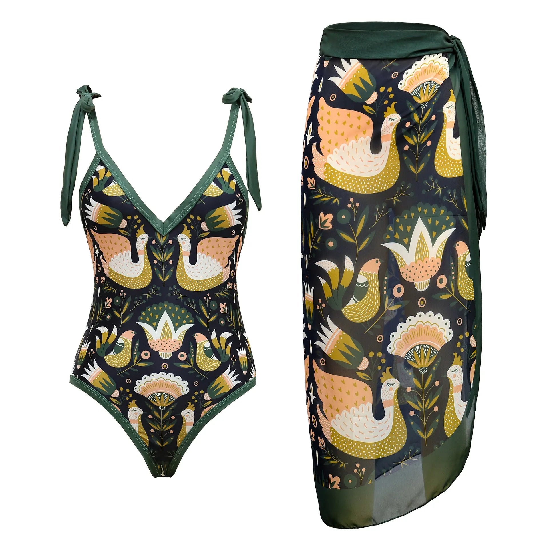 Solid colour women's one-piece swimsuit with thin spaghetti straps and a separate matching swim skirt.